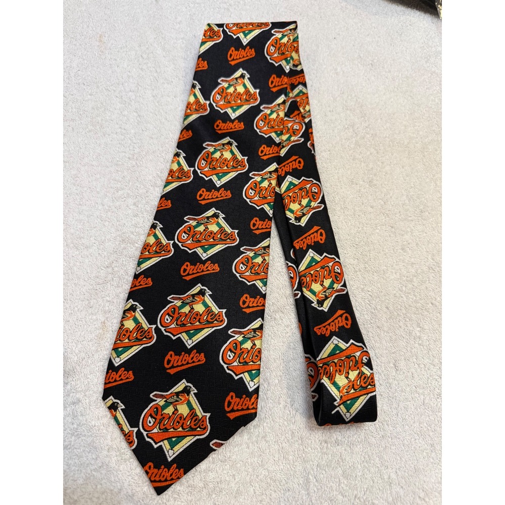 Vintage 1999 Baltimore Orioles MLB Silk Tie RM Sport Black Orange Baseball Logo